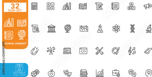 Editable line Vector illustration icon set. Contain icons related to school subject, branch of science, or learning material. includes Math, Science, Languages, history, and more. Vector on 