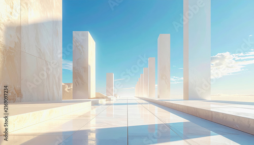 Abstract architectural design with towering columns and reflective marble floor under a clear blue sky