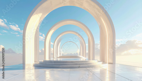 Surreal architectural arches forming a path towards the sky with clouds and light