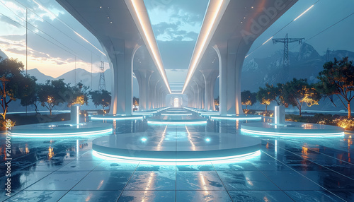 Futuristic architectural walkway with illuminated platforms and mountain landscape at dusk