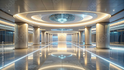 Modern futuristic lobby interior with round columns and glowing lights