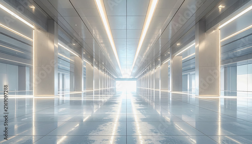 Modern futuristic corridor with bright led lighting and reflective floor