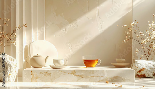 Serene tea ceremony setup with a teapot, cup, and glass of tea on a marble pedestal, bathed in soft sunlight