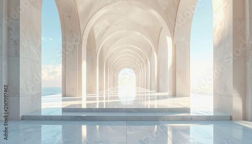 Serene white marble arcade overlooking the ocean at sunrise, with symmetrical arches and bright sunlight reflecting on the polished floor