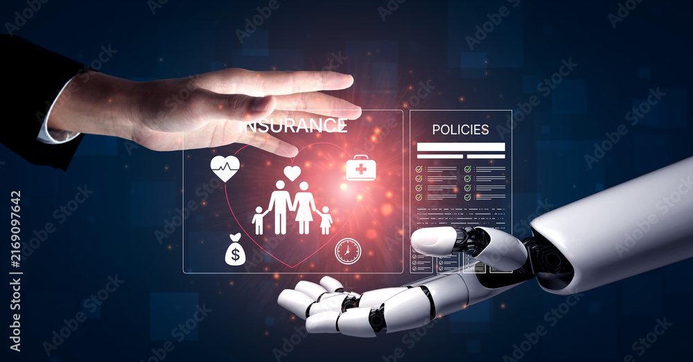 Naklejka premium Human and robotic interaction demonstrating insurance policies and digital technology in a futuristic setting with health and financial elements. Bitwise.
