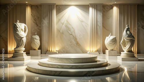 Elegant museum hall with classical statues and marble pillars