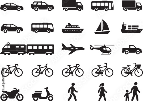 Vehicle and transit icon set featuring diverse transport modes for logistics and navigation systems.