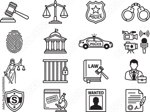Judicial legal process outline icons set vector linear signs for law enforcement court system work.