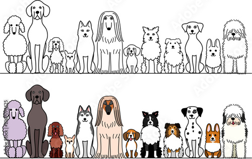 set of cartoon dogs in a row, with and without colors