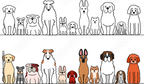 set of cartoon dogs in a row, with and without colors