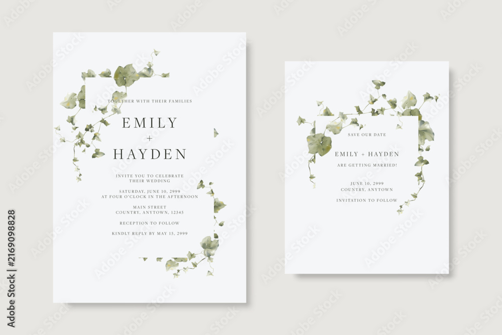 Fototapeta premium Greenery wedding invitation and save the date template card set with watercolor ivy leaves on an off-white background