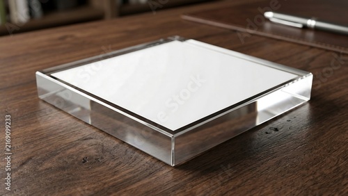 Square Acrylic Paperweight Mockup on Wooden Desk