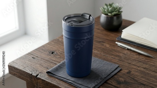 Matte blue reusable travel mug on wooden desk