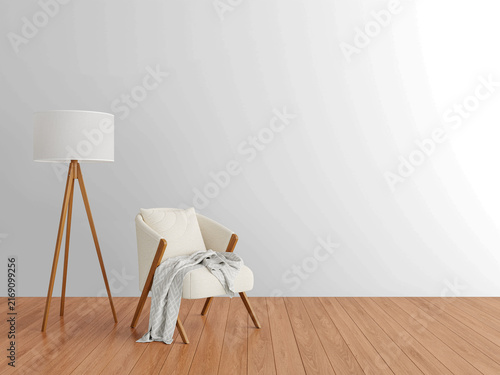 Scandinavian Reading Room Wall Mockup PNG with Cream Accent Chair and Tripod Floor Lamp, Transparent Background, Soft Shadows