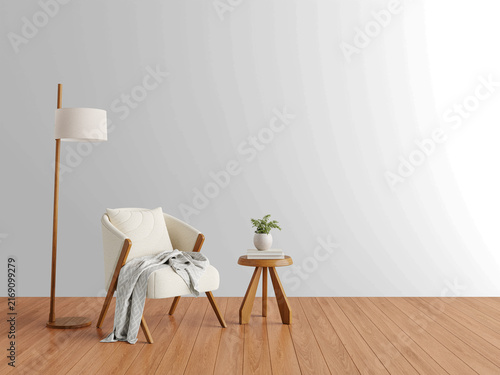 Scandinavian Reading Room Wall Mockup PNG with Cream Accent Chair and Wooden Side Table, Transparent Background, Soft Shadows