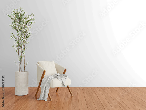 Organic Modern Reading Room Wall Mockup PNG with Cream Accent Chair and Tall Olive Tree, Transparent Background, Soft Shadows