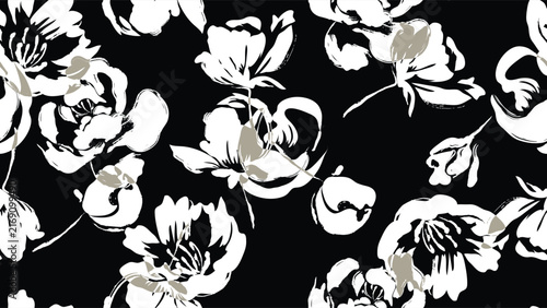 Floral seamless pattern features white peony flowers silhouettes on a solid black background. The flowers have a painterly, slightly abstract quality