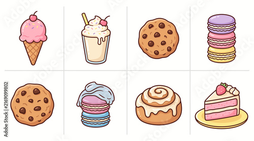 Delicious Sweet Dessert and Bakery Food Vector Illustration Icon Set