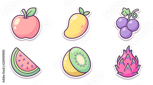 Cute pastel vector fruit stickers collection including mango apple grape