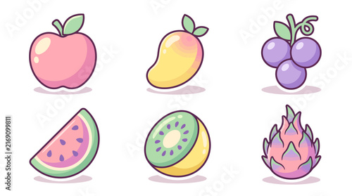 Cute cartoon fruit icons set with apple mango grapes and kiwi