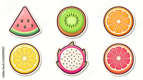 Colorful cartoon fruit stickers set featuring watermelon, kiwi, orange, lemon