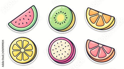 Vibrant Tropical Fruit Slices Collection in Sticker Style Vector Illustration Set