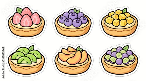 Cute Cartoon Fruit Tart Stickers Set Sweet Bakery Dessert Vector Icons