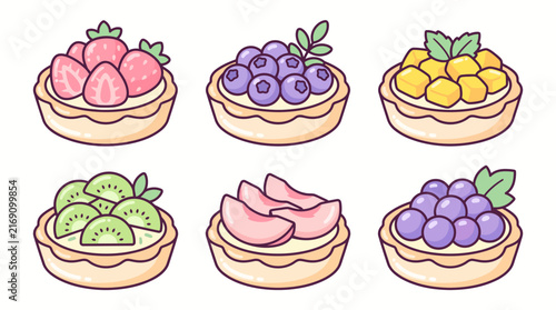 Set of Colorful Hand Drawn Fruit Tart Mini Desserts with Sweet Fresh Toppings