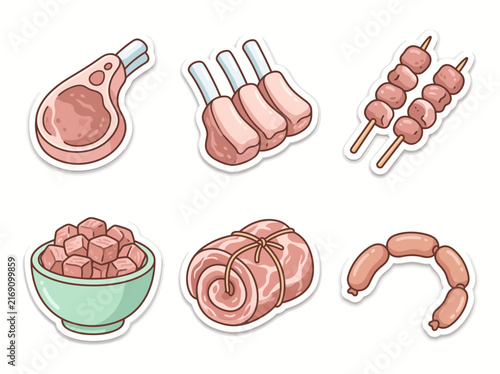 Collection of Raw Meat Cuts and Butchery Products in Cartoon Sticker Style Illustrations