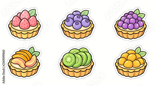 Collection of colorful fruit tart stickers with berry and citrus toppings