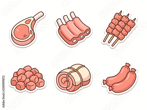 Set of Cute Raw Meat Stickers with Steaks Ribs and Sausages