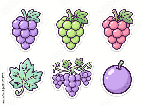 Sweet Cartoon Grape Sticker Collection Colorful Fruit and Leaf Illustrations