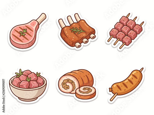 Collection of Delicious Cartoon Meat Cuts and Barbecue Products Sticker Set