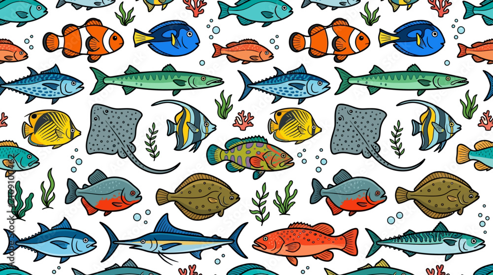 Naklejka premium colorful tropical fish and marine life swimming underwater seamless pattern
