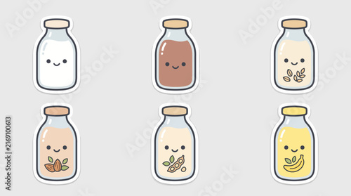 Set of cute cartoon milk bottles with various plant based dairy free milk flavors.