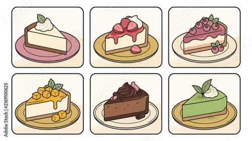 Set of six delicious cheesecake slices with various fruit and chocolate toppings in a cute hand drawn illustration style.