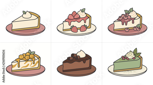 Set of six different delicious cheesecake slices with various toppings and flavors.