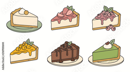 Set of six delicious cheesecake slices with various toppings and flavors in a cute hand drawn doodle style.