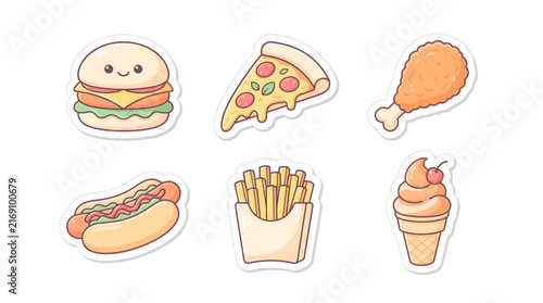 Set of cute cartoon fast food stickers including burger pizza fried chicken hot dog fries and ice cream.