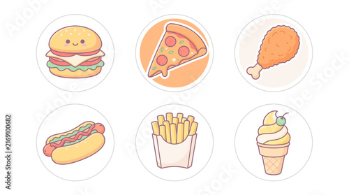 Set of cute hand drawn fast food icons with burger pizza chicken fries hotdog and ice cream.