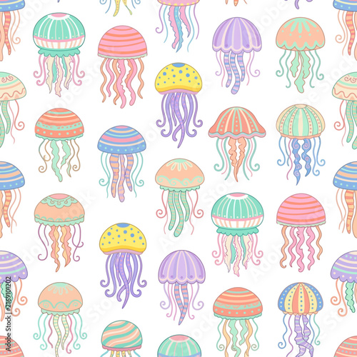Whimsical Jellyfish Seamless Pattern with Colorful Hand-Drawn Sea Life Illustrations for Vibrant Textile and Surface Design