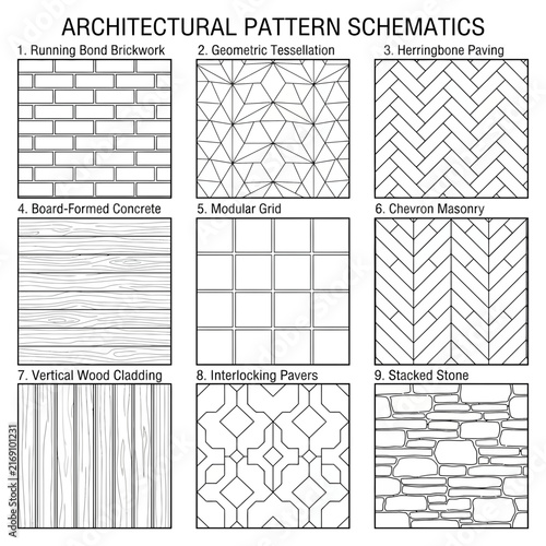 Collection of architectural pattern schematic illustrations showing floor plan textures for masonry, herringbone wood, and decorative paving design.