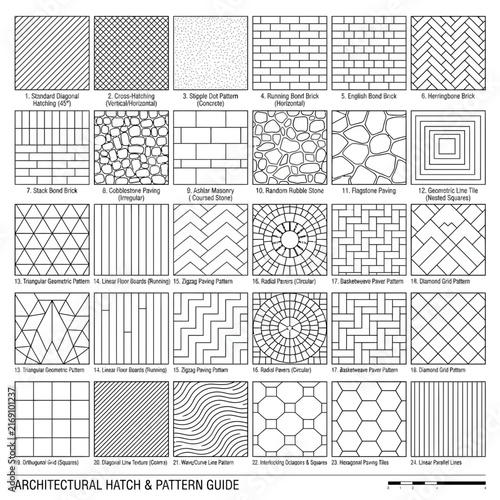A comprehensive set of black and white hatch patterns and architectural textures for technical drawing, suitable for a CAD library or line art