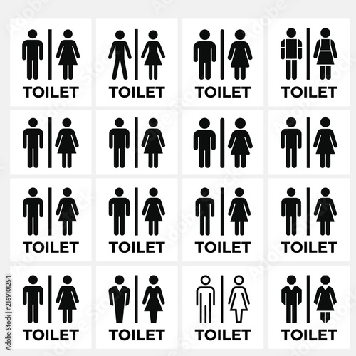Collection of various toilet sign designs featuring a restroom icon and gender symbol for public washroom or bathroom signage in black and white.