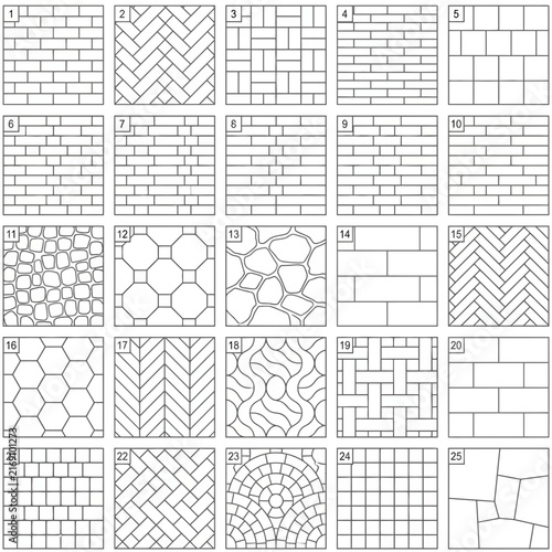 Comprehensive collection of masonry pattern types and tiling layout variations for architectural paving floor bond and paving design options.