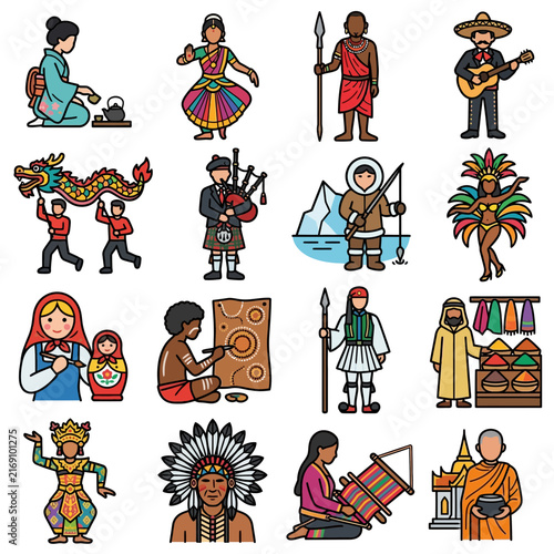 Diversity - Large collection of diverse people representing global culture and tradition through ethnic costumes and heritage symbols