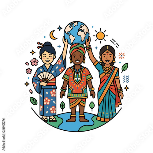 Diversity - Diverse group of women representing global culture and international unity while holding the planet earth together in peace.