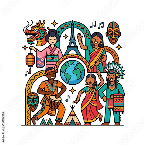 Vibrant Illustration Celebrating Global Culture and Diversity of People Around the World Through Traditions and Landmarks
