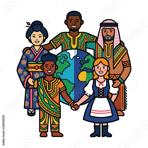 A celebration of global diversity and unity where people of every culture stand around a globe to represent international friendship and peace.