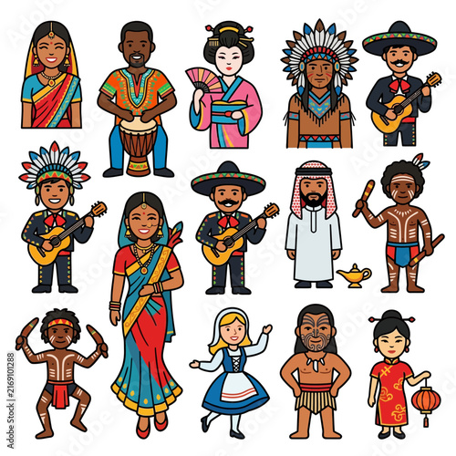 Diverse people in traditional costume representing global culture and ethnic heritage illustration.